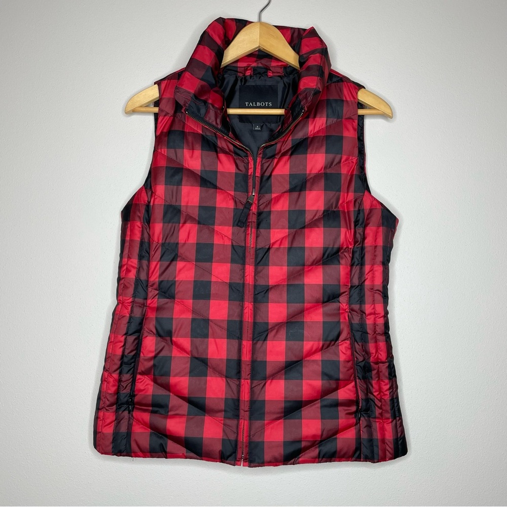 Talbots Red and Black Buffalo Plaid Quilted Down Puffer Vest - Picture 3 of 6